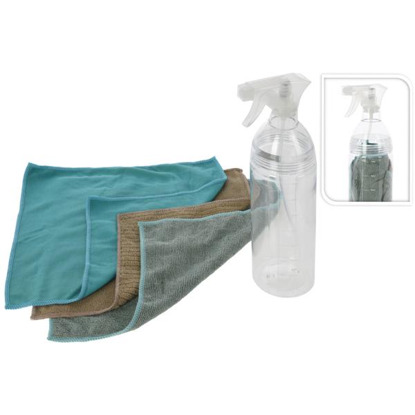 Sprühflasche 750ml & 3 Mikrofasertücher - Reinigungsset für Fenster & Spiegel - glasklare Sicht - 30x30 cm Tücher - Ø 7x30 cm Flasche