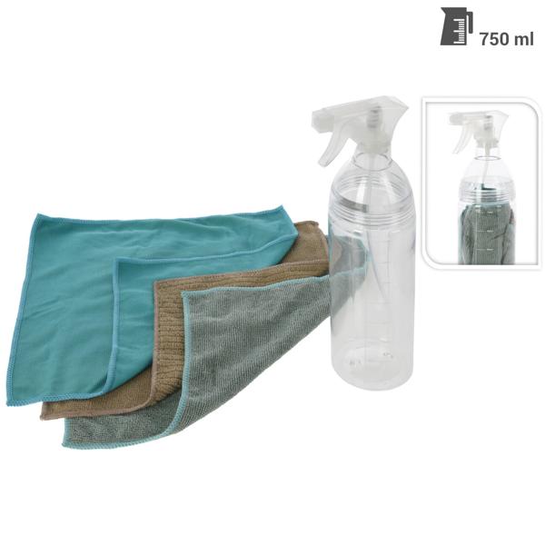Sprühflasche 750ml & 3 Mikrofasertücher - Reinigungsset für Fenster & Spiegel - glasklare Sicht - 30x30 cm Tücher - Ø 7x30 cm Flasche