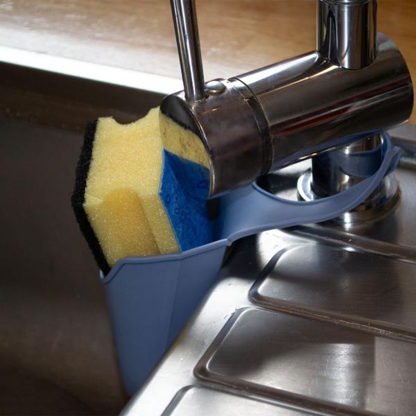 Flexibler Silikon Schwammhalter für Spülbecken - Hygienische Abtropfschale - Geruchsvorbeugung - Robuster Küchenhelfer - Organizer - Grau/Blau - 22x12x12.5cm