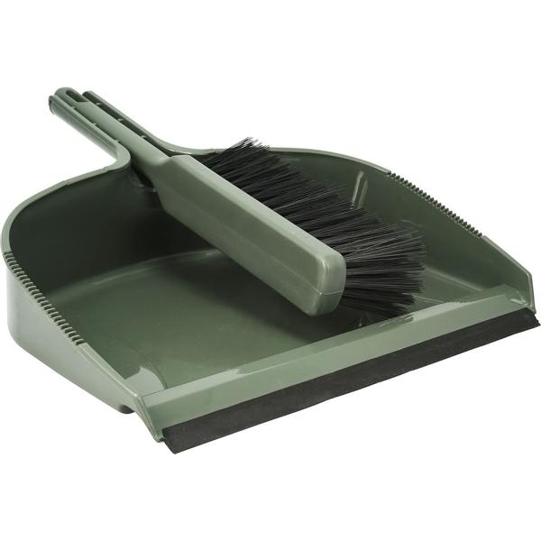 Maxi-Kehrgarnitur mit Gummilippe – 40 cm Breite, Besen arretiert in Schaufel mit Öse – Dunkelgrünes Kunststoff-Set, platzsparend verstaubar