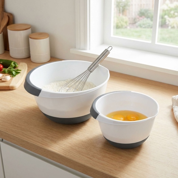 Rührschüssel-Set 2-teilig - Rutschfester Boden & Ausgiesser für Teig - Spülmaschinenfest - Kunststoff (PP/Gummi) Weiss/Schwarz - 3.5L/2L