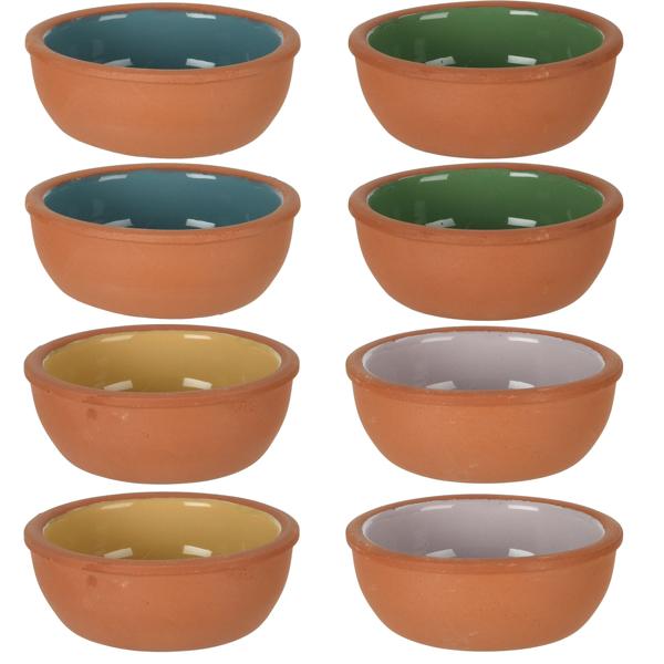 Tapas Schalen Set 8 Stück - Aus Terracotta mit glasierter Innenseite für mediterrane Gerichte - Ø 10x4 cm - Blau, Violett, Grau, Gelb
