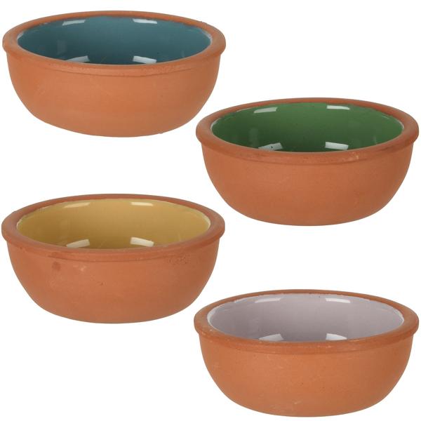 Tapas Schalen Set 8 Stück - Aus Terracotta mit glasierter Innenseite für mediterrane Gerichte - Ø 10x4 cm - Blau, Violett, Grau, Gelb