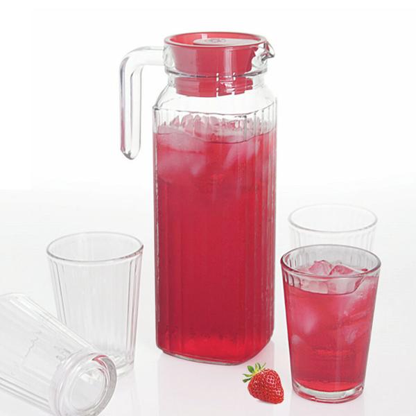 Glaskrug mit 4 Trinkgläsern - stilvolles Rillen-Design für Sprudel, Eistee, Limonade, Saft - 1100 ml Krug, 200 ml Gläser - spülmaschinenfest