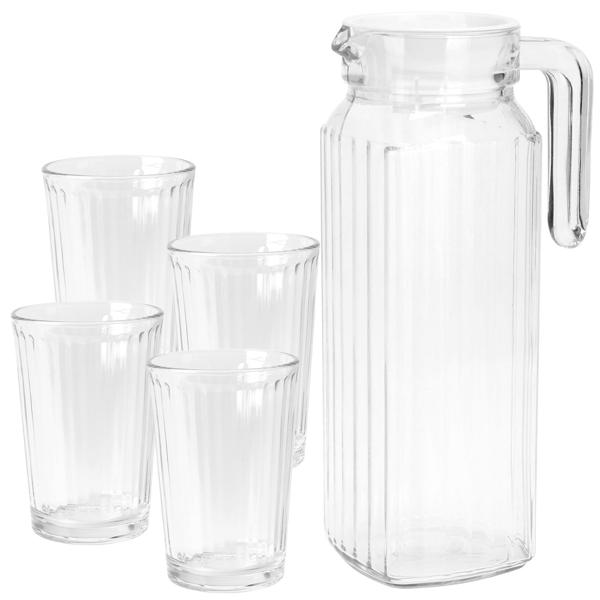Glaskrug mit 4 Trinkgläsern - stilvolles Rillen-Design für Sprudel, Eistee, Limonade, Saft - 1100 ml Krug, 200 ml Gläser - spülmaschinenfest