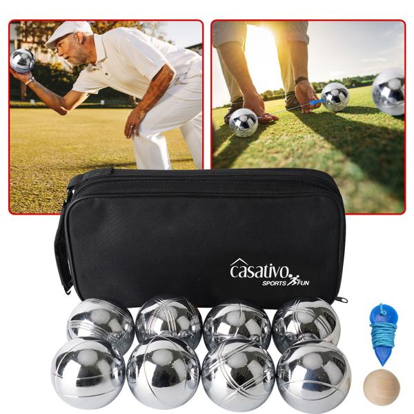 Hochwertiges Boule- & Pétanque-Spiel, 8 Metallkugeln, Holzkugel, Abstandsmesser, Tragetasche, Boccia Kugeln mit idealen Laufeigenschaften 