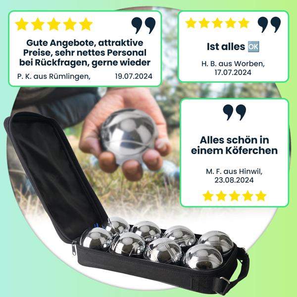 Hochwertiges Boule- & Pétanque-Spiel, 8 Metallkugeln, Holzkugel, Abstandsmesser, Tragetasche, Boccia Kugeln mit idealen Laufeigenschaften 