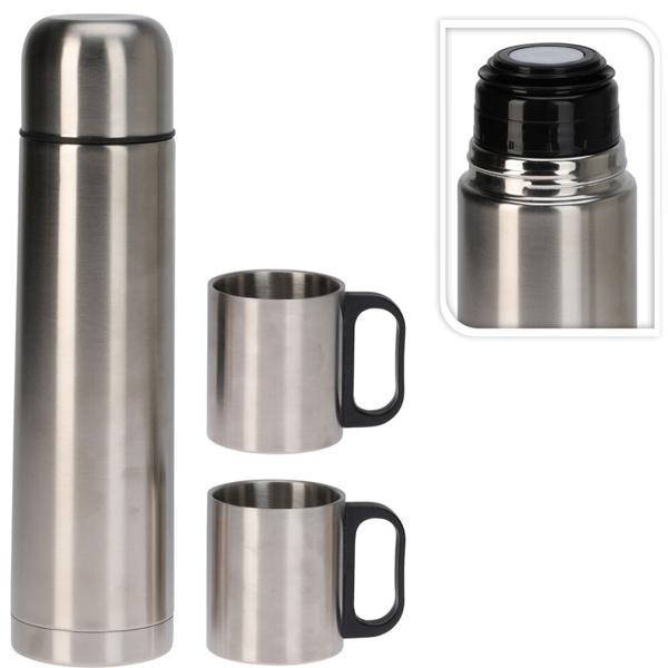 Isolierkanne Edelstahl 1L - mit 2 doppelwandigen Thermobechern 180ml - auslaufsicher für Heissgetränke - ideal für Outdoor, Uni, Arbeit