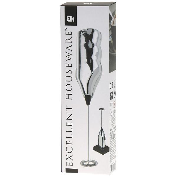 Milchaufschäumer-Stab Chrom - Fluffiger & Cremiger Milchschaum für Cappuccino Latte Macchiato & Kakao - Batteriebetrieben (2x AA nicht inkl.) - Mit Basis