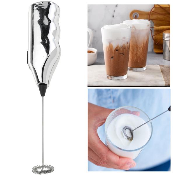 Milchaufschäumer-Stab Chrom - Fluffiger & Cremiger Milchschaum für Cappuccino Latte Macchiato & Kakao - Batteriebetrieben (2x AA nicht inkl.) - Mit Basis