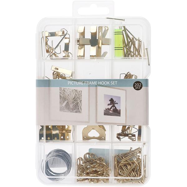 Bilderrahmen Aufhänger-Set 202 Teile - Praktisches Bildaufhänger-Set für Wandbilder & Fotos - Inkl. Klemmen, Drähten, Nägeln & Aufbewahrungsbox aus Metall