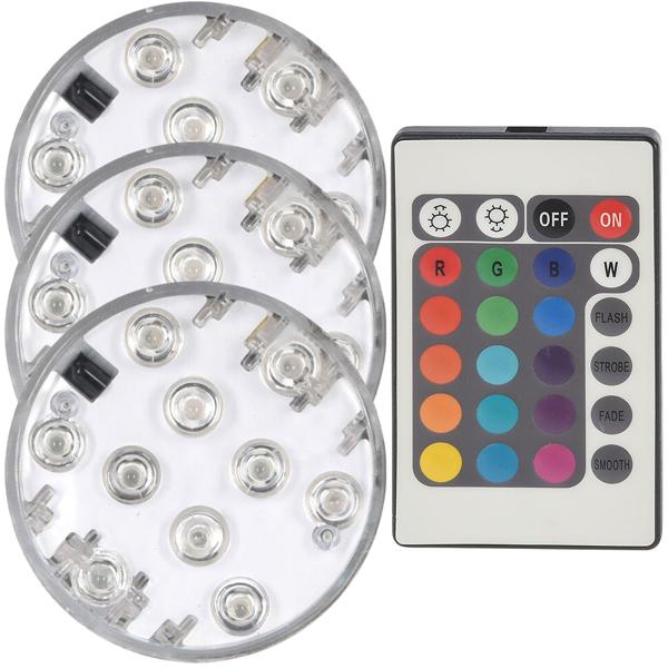 3er-Set LED-Pool-Lampen - Unterwasserbeleuchtung für Pools, Badewannen & Teiche - Wasserdicht bis 2m, 10 LEDs, Farbwechsel via Fernbedienung, Ø 7x3cm
