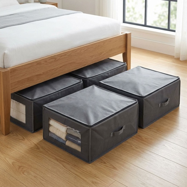 4er-Set Unterbettkommode mit Sichtfenster & Handgriff – 60x45x30cm dunkelgrau – Schutz vor Motten/Staub – Stauraum für Bettwäsche & Kleidung – faltbar