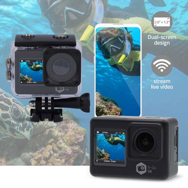 5K Ultra HD Dual Screen Action Cam, 24 MP, schwarz – WiFi, App, 30m wasserdicht, Loop & Zeitraffer – Das komplette Set für professionelle Aufnahmen