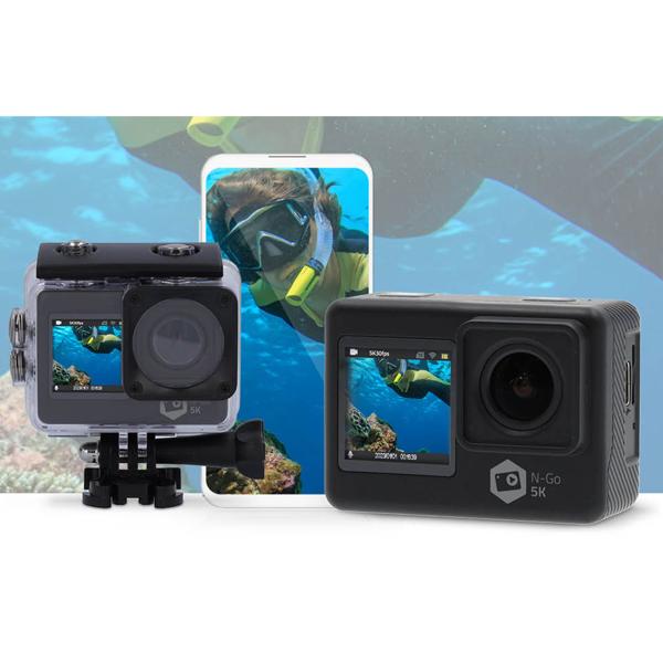5K Ultra HD Dual Screen Action Cam, 24 MP, schwarz – WiFi, App, 30m wasserdicht, Loop & Zeitraffer – Das komplette Set für professionelle Aufnahmen