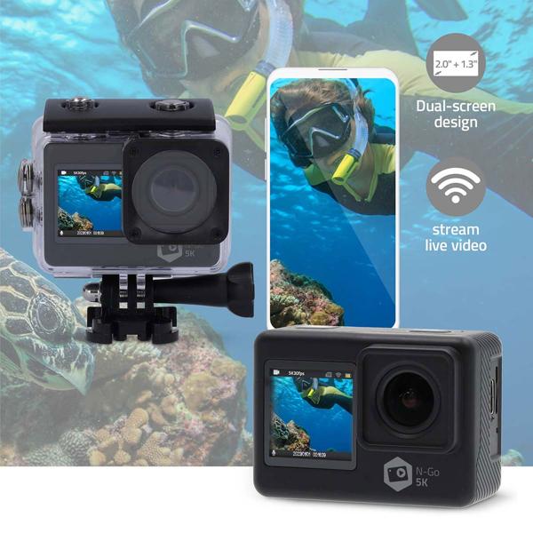 5K Ultra HD Dual Screen Action Cam, 24 MP, schwarz – WiFi, App, 30m wasserdicht, Loop & Zeitraffer – Das komplette Set für professionelle Aufnahmen