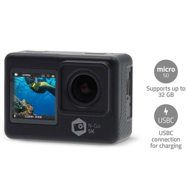 5K Ultra HD Dual Screen Action Cam, 24 MP, schwarz – WiFi, App, 30m wasserdicht, Loop & Zeitraffer – Das komplette Set für professionelle Aufnahmen