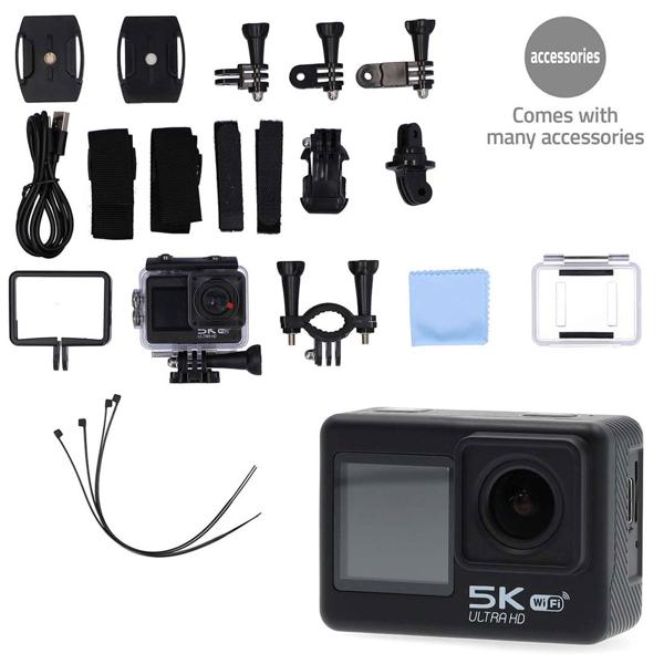 5K Ultra HD Dual Screen Action Cam, 24 MP, schwarz – WiFi, App, 30m wasserdicht, Loop & Zeitraffer – Das komplette Set für professionelle Aufnahmen