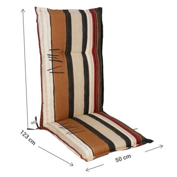 Stilvolle Hochlehner-Auflage mit Streifenmuster, Erdtöne, 123x50x6 cm – Edles Design für bequeme Stunden auf Ihrem Gartenstuhl