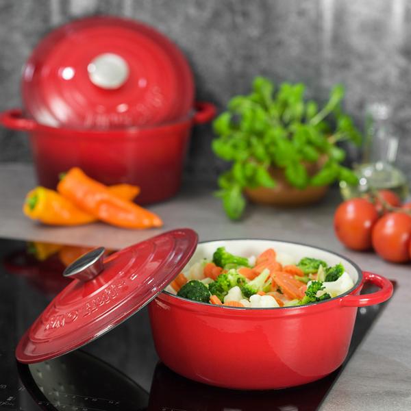 Gusseisen Topf rot Ø 21cm (2,4L) mit Deckel - Für alle Herdarten inkl. Induktion + Grill geeignet - Perfekt Kochen, Braten, Schmoren