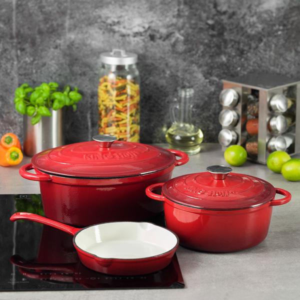 Gusseisen Topf rot Ø 21cm (2,4L) mit Deckel - Für alle Herdarten inkl. Induktion + Grill geeignet - Perfekt Kochen, Braten, Schmoren