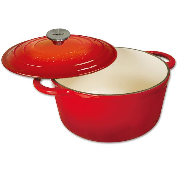 Gusseisen Topf rot Ø 21cm (2,4L) mit Deckel - Für alle Herdarten inkl. Induktion + Grill geeignet - Perfekt Kochen, Braten, Schmoren