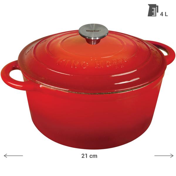 Gusseisen Topf rot Ø 21cm (2,4L) mit Deckel - Für alle Herdarten inkl. Induktion + Grill geeignet - Perfekt Kochen, Braten, Schmoren