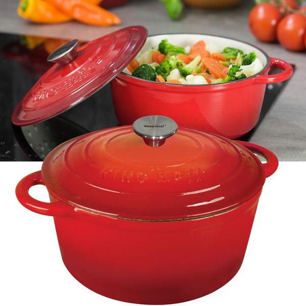 Gusseisen Topf rot Ø 21cm (2,4L) mit Deckel - Für alle Herdarten inkl. Induktion + Grill geeignet - Perfekt Kochen, Braten, Schmoren