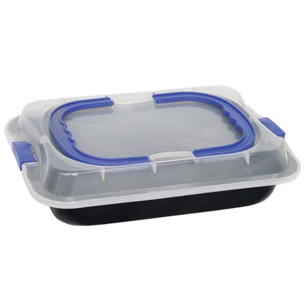 Praktisches 2-in-1 Backform-Set: Backblech aus Metall & Transportbox mit Deckel und Tragegriffen aus Kunststoff für Kuchen und Torten