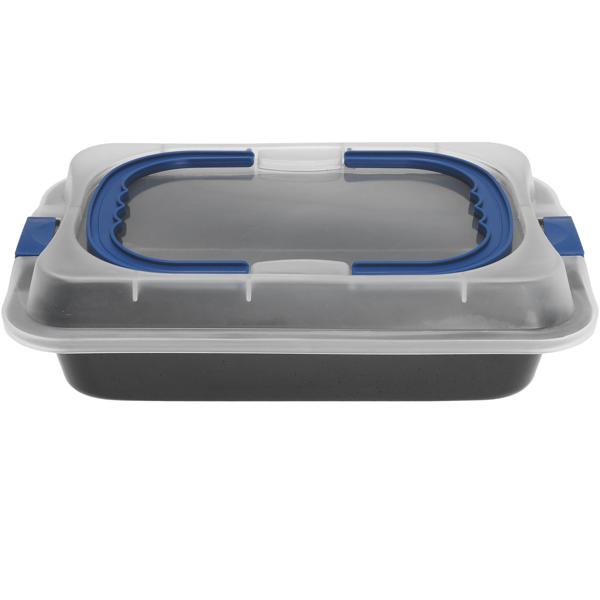 Praktisches 2-in-1 Backform-Set: Backblech aus Metall & Transportbox mit Deckel und Tragegriffen aus Kunststoff für Kuchen und Torten