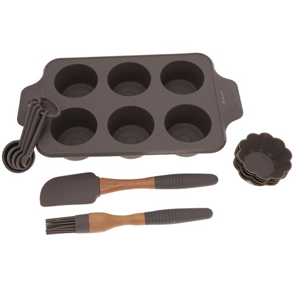 Muffinbackform Silikon-Set - 6 Muffins + 6 Einzelförmchen - Inkl. Messlöffel, Spachtel, Pinsel - Temperaturbeständig bis 210°C - Ideal für Backen, Geburtstage