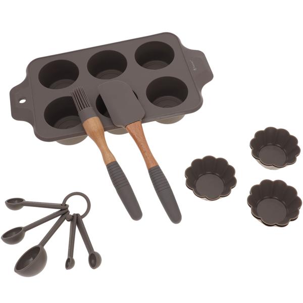 Muffinbackform Silikon-Set - 6 Muffins + 6 Einzelförmchen - Inkl. Messlöffel, Spachtel, Pinsel - Temperaturbeständig bis 210°C - Ideal für Backen, Geburtstage