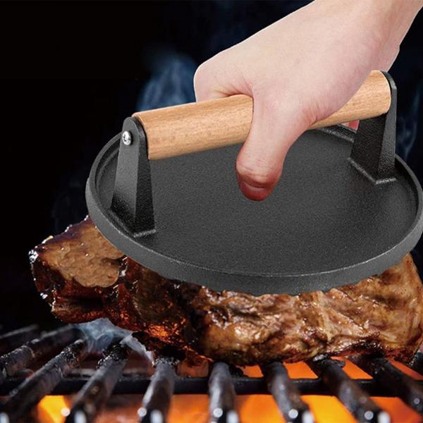 Fleischpresse Gusseisen - Beschweren, Plätten & Warmhalten von Steaks, Burgern & Bacon - Ø 17,8cm, ergonomischer Holzgriff