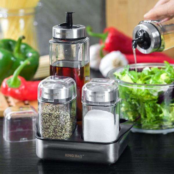 Gewürzbehälter-Set 5-tlg - Essig/Öl & Salz/Pfeffer für Küche & Esstisch - Glaskörper Edelstahl - Tropffreier Ausguss - Inkl. Gewürzständer mit Tragegriff