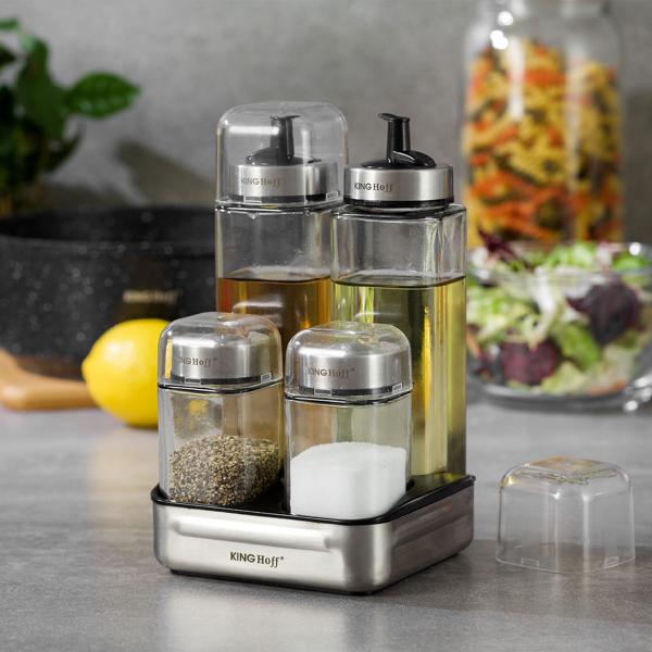 Gewürzbehälter-Set 5-tlg - Essig/Öl & Salz/Pfeffer für Küche & Esstisch - Glaskörper Edelstahl - Tropffreier Ausguss - Inkl. Gewürzständer mit Tragegriff