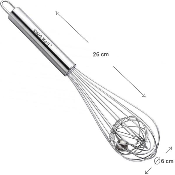Kugel-Schneebesen Edelstahl Ø 6x26cm - Effizientes Rühren für Rührei, Teig & Gebäck - Spülmaschinenfest, hygienisch, mit Kugelrolle & Haken zum Aufhängen