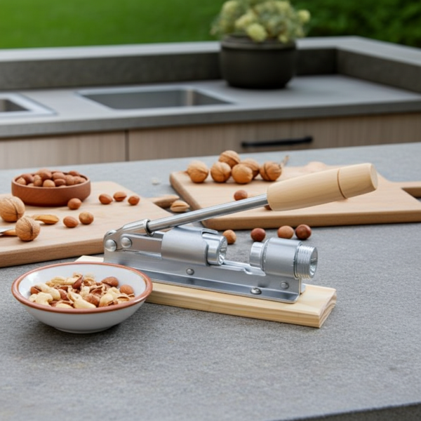 Innovativer Hebel-Nussknacker im Retro-Design: Holzplatte mit robustem Metallknacker, für Walnüsse, Haselnüsse & mehr – kraftsparend und effizient