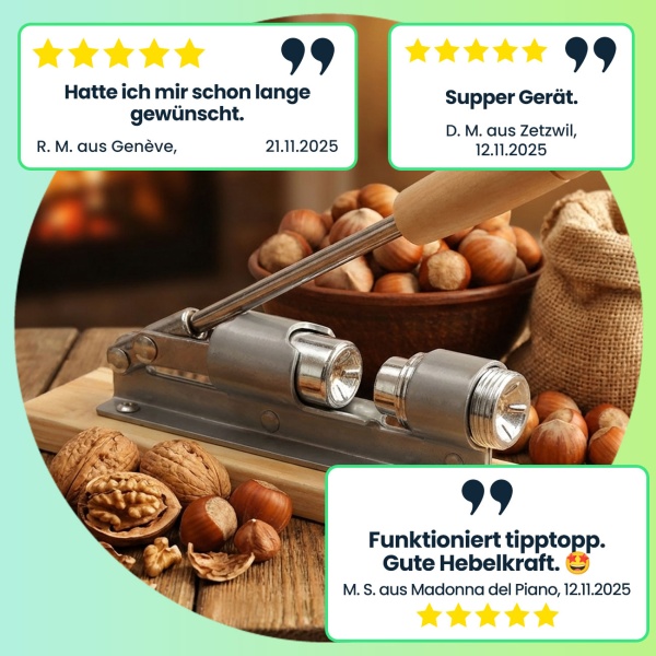 Innovativer Hebel-Nussknacker im Retro-Design: Holzplatte mit robustem Metallknacker, für Walnüsse, Haselnüsse & mehr – kraftsparend und effizient