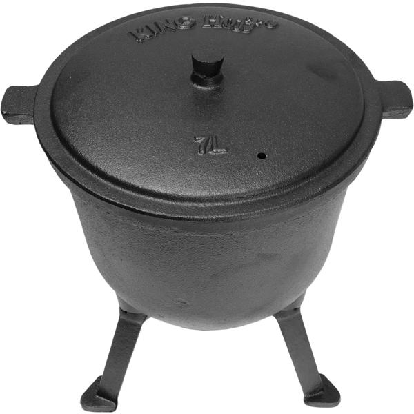 Gusseisen Camping-Kochtopf (7 Liter) - Lagerfeuertopf, schwarz, Deckel für schnelles Dampfkochen - Emaille-Beschichtung - für die Outdoor-Küche