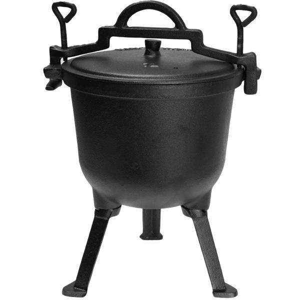 Gusseisen Camping-Kochtopf (7 Liter) - Lagerfeuertopf, schwarz, Deckel für schnelles Dampfkochen - Emaille-Beschichtung - für die Outdoor-Küche