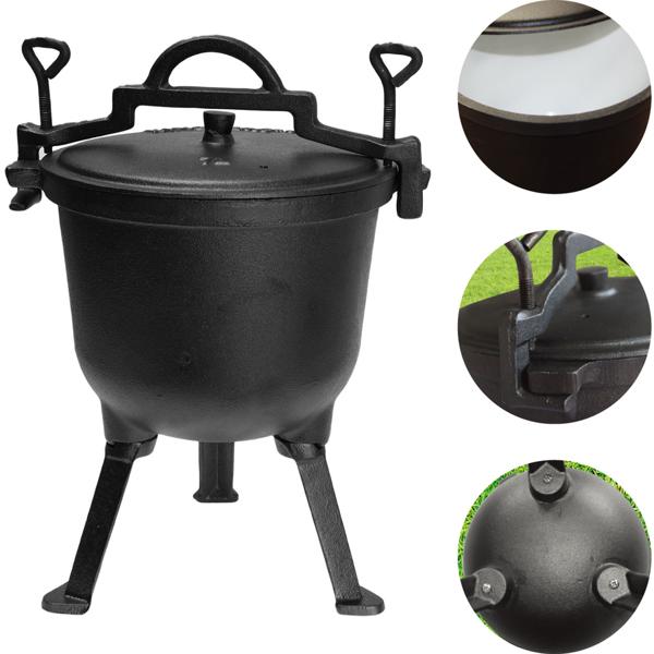 Gusseisen Camping-Kochtopf (7 Liter) - Lagerfeuertopf, schwarz, Deckel für schnelles Dampfkochen - Emaille-Beschichtung - für die Outdoor-Küche