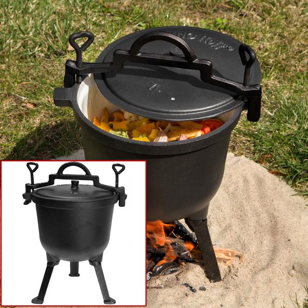 Gusseisen Camping-Kochtopf (7 Liter) - Lagerfeuertopf, schwarz, Deckel für schnelles Dampfkochen - Emaille-Beschichtung - für die Outdoor-Küche