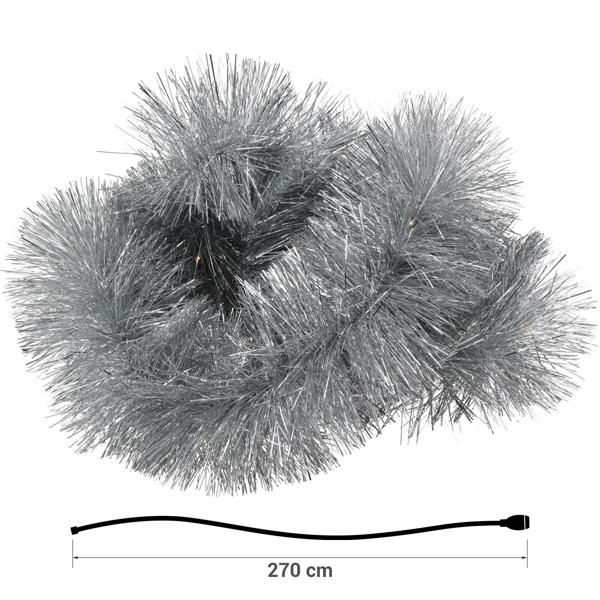 LED-Lametta Girlande Silber 2,7m - Integrierte LED-Beleuchtung & Timer - Weihnachtsgirlande batteriebetrieben IP44 - Weihnachtsbaum Christbaumschmuck