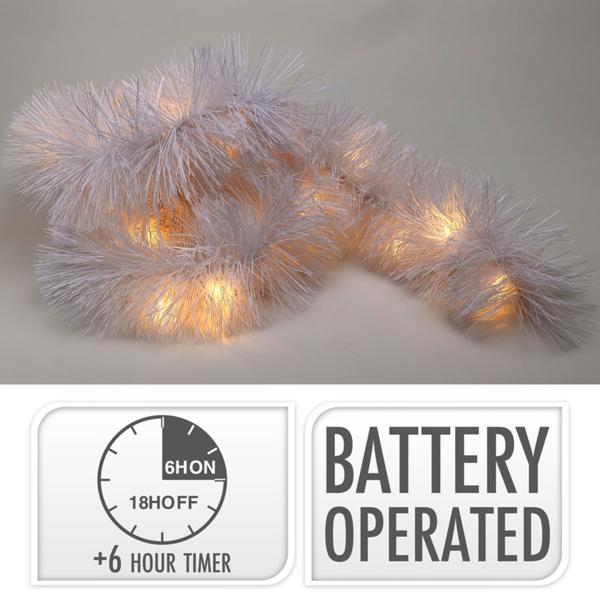 LED-Lametta Girlande weiss 2,7 m - Christbaumschmuck mit integrierter LED-Beleuchtung - Mystischer Glanz, Timer-Funktion 6h, IP44