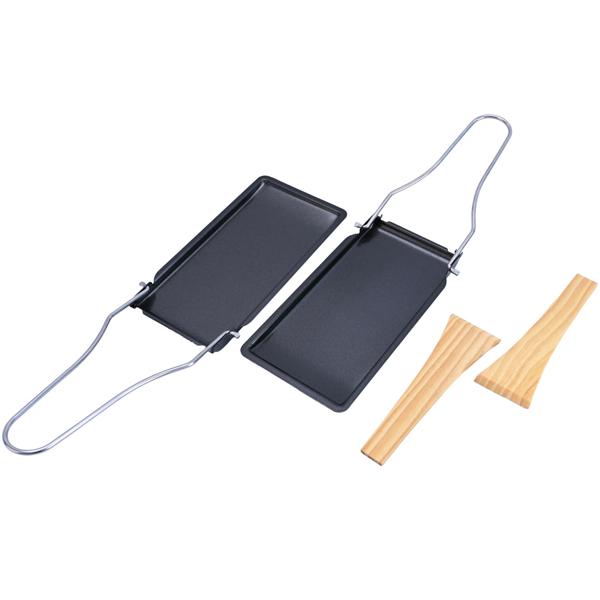 2er-Set Grillpfännchen für Raclette & BBQ – Antihaftbeschichtete Pfännchen mit klappbarem Griff & Holzspatel – Hitzebeständig bis 260 °C