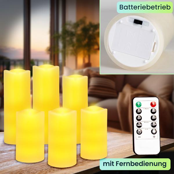 6er-Set LED-Echtwachskerzen mit Fernbedienung – dimmbar, flackernder Effekt, verschiedene Grössen, batteriebetrieben für stimmungsvolle Beleuchtung