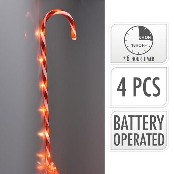 LED-Gartenstecker Zuckerstange 4er-Set - Weihnachtsdeko für Hof & Garten - 8 LEDs, 74cm hoch, rot-weiss, mit Timer & Memory-Funktion
