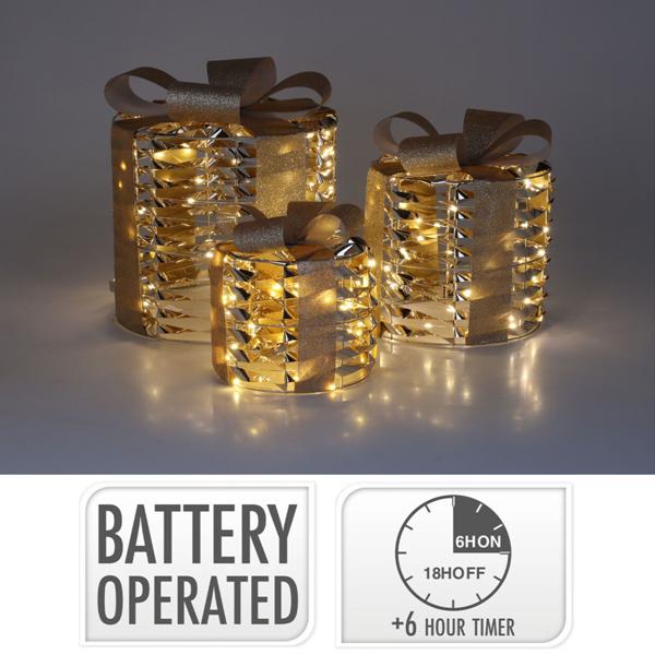 Goldene LED-Deko-Geschenke, 3er Set, warmweisses Licht – Timer-Funktion, batteriebetrieben, festliche Weihnachtsdekoration