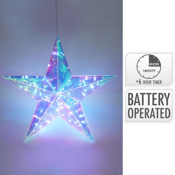 Weihnachtsstern Regenbogen mit 30 kaltweissen LEDs - PET-Material, 39x10x37cm - batteriebetrieben mit 150cm Kabel & 6/18h Timer für Adventsdeko