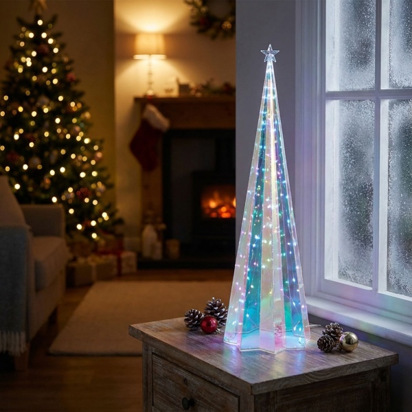 Regenbogen-Pyramide mit Sternsockel - Stimmungsvolle Lichtdekoration für Weihnachten - 40 Micro-LEDs, Timer, 13x13x40cm, Batterie/Kabel